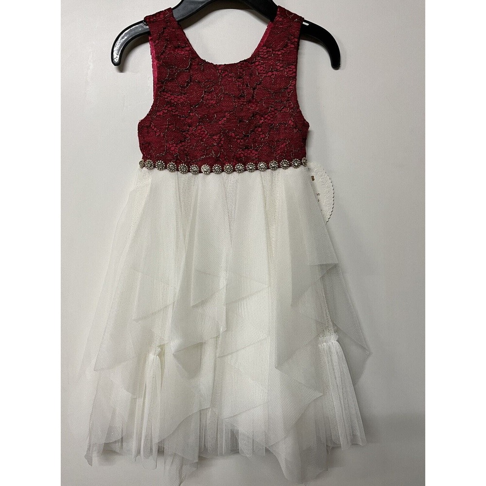 Formal Dress Girls 4 Burgand & Ivory rhinestone Shiny Tulle Flower Girl Pageant